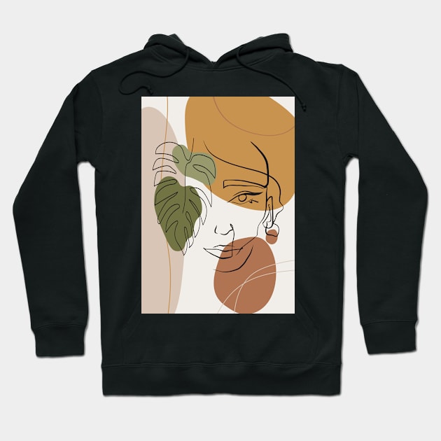 Abstract line woman face print, monstera leaf portrait art closeup drawing of woman face fashion art Hoodie by Modern Art